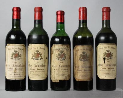 null 5 bouteilles CLOS LAMOULAGRE - Côtes de Fronsac 1960 

Niveaux : 1 haut épaule,...