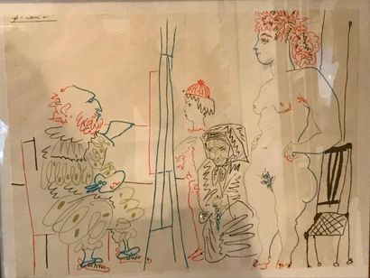null D'après Pablo PICASSO (1881-1973) 

Scène d'atelier estampe en couleur signée...
