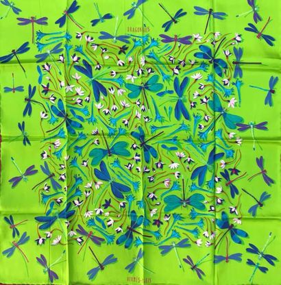 null HERMES Paris " Dragonflies " par Leigh Cooke - Carré 70 x 70 en soie bleu, rose,...