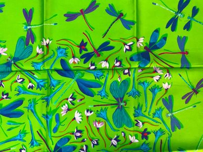 null HERMES Paris " Dragonflies " par Leigh Cooke - Carré 70 x 70 en soie bleu, rose,...