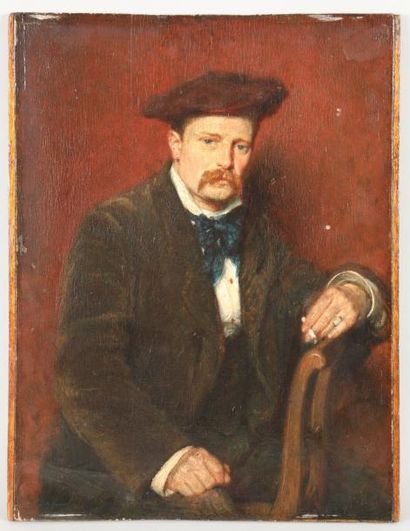 null Ecole française vers 1880 

Portrait d'un artiste 

Huile sur panneau signé...