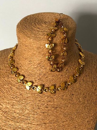 null L.L Collier et Bracelet feuilles en métal doré et petites perles nacrées 

Longueur...