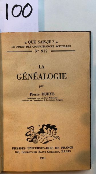 null Durye (Pierre), La généalogie, Paris, PUF, 1961, 128 p. Demi basane moderne...