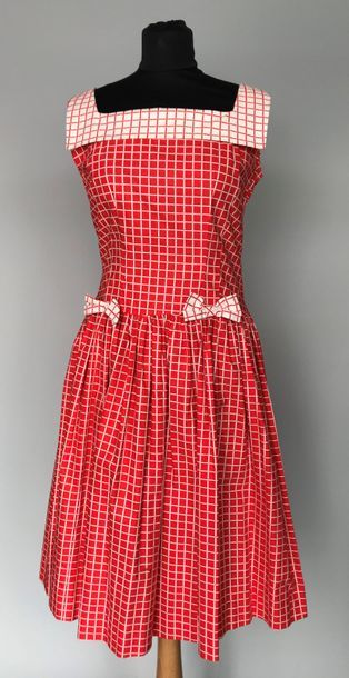 null Robe d'été en coton orange à carreaux ivoire - circa 1960 - taille 38