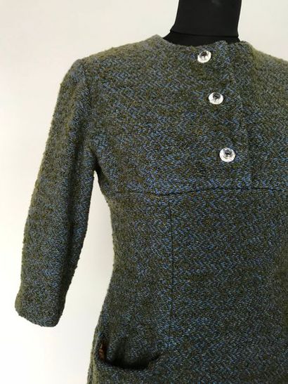 null Manteau et Robe en lainage chiné vert et bleu boutons strass - circa 1960 -...