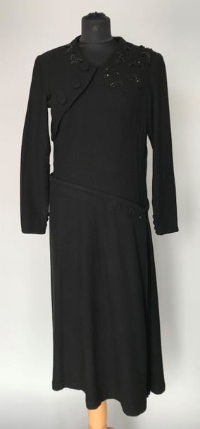 null Robe en lainage noir et broderies de sequins - circa 1940 - taille 38/40