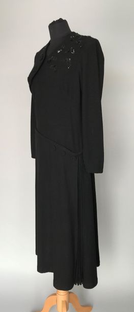 null Robe en lainage noir et broderies de sequins - circa 1940 - taille 38/40