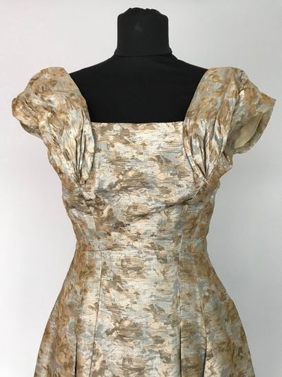 null Robe de cocktail en soie moirée en bleu et beige - circa 1950 - taille 36