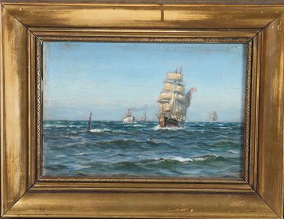 null Attribué à Anton MELBYE (1818-1875) 

Bateaux en mer 

Huile sur toile - trace...