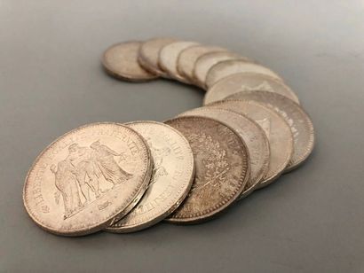 null Lot de 13 pièces de 50FF en argent (10 de 1978 et 3 de 1977) poids 389,7g