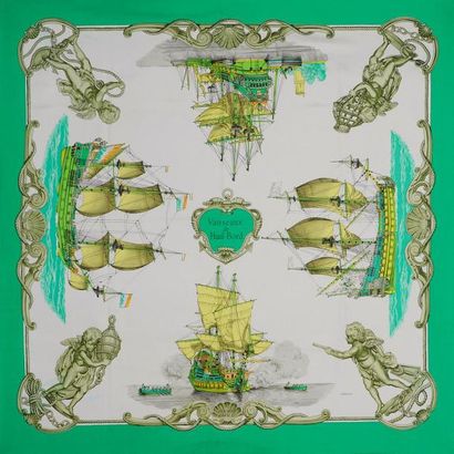 HERMES Paris "Vaisseaux de Haut - Bord" signé Ledoux rare carré en soie vert et blanc...