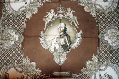 HERMES Paris "Louis XV" signé Philippe Ledoux rare carré en soie marron et beige...