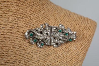 null Broche double clip en argent 925 millièmes ornée de strass blancs et verts -...