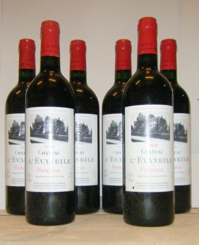 null 6 bouteilles L'EVANGILE 1998 Caisse bois d'origine ; 1 étiquette légèrement...