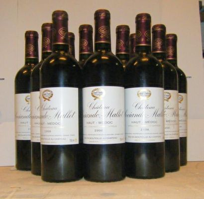 null 12 bouteilles SOCIANDO MALLET 1998 Caisse bois d'origine ; 3 étiquettes tachées....