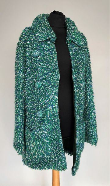 null Manteau en laine bouclette bleue, verte et blanche, circa 80 - Taille 40