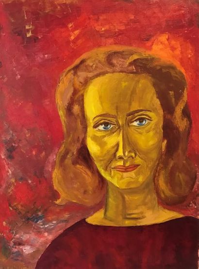 null Sophie Danielle RUBINSTAIN (1922-2018) 

Portrait de femme sur fond rouge 

Huile...