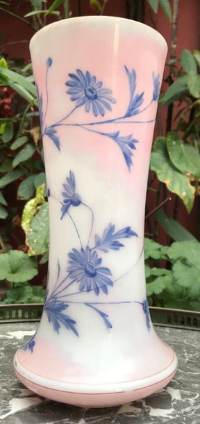 null Deux vases cornet en opaline rosé à décor de bleuets peints

Hauteur : 24 c...