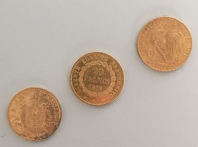 null PIECES EN OR 

Lot comprenant 3 pièces de 20 francs or - 1878 - 1864 et 1909...