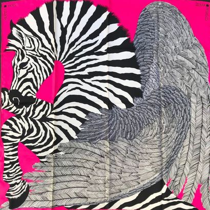null HERMES Paris " Zebra Pegasus " par Alice Shirley - Carré en soie rose, noir,...