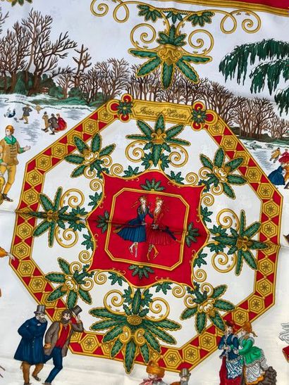  HERMES Paris " Joies d'hiver " par Joachim Metz - Carré en soie damassée rouge,...