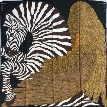 null HERMES Paris " Zebra Pegasus " par Alice Shirley - Carré en soie marron, beige,...