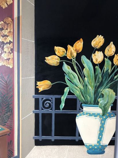 null Louis MIDAVAINE (1888-1978) 

Le bouquet de tulipes jaunes 

Panneau laqué signé...