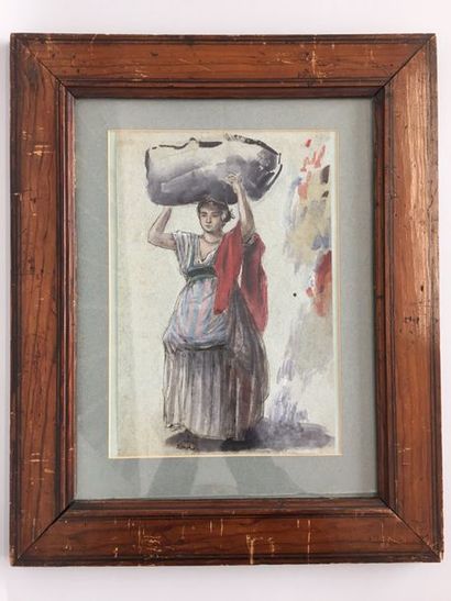 null Jean-Achille BENOUVILLE (1815-1891) Paysanne italienne portant un fardeau aquarelle...