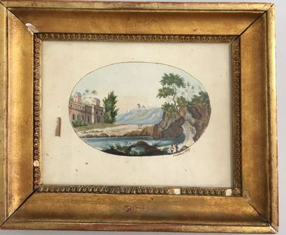 null Ecole XIX° Paysage d'Italie aquarelle ovale signée datée Justine 1829