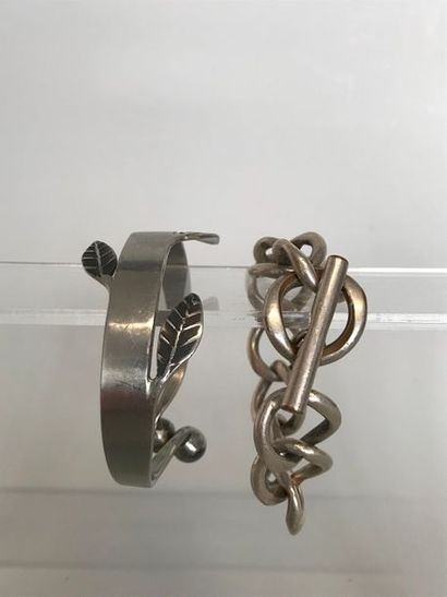 null Bracelet gourmette ET Bracelet jonc à feuilles en métal argenté - Longueur :...