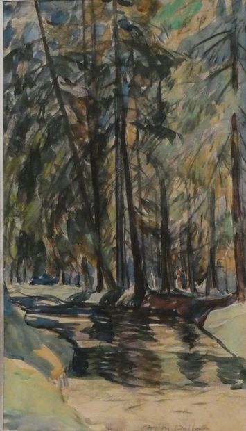 null DARBOUR Marguerite Marie "Chemin forestier", aquarelle signée en bas à droite,...