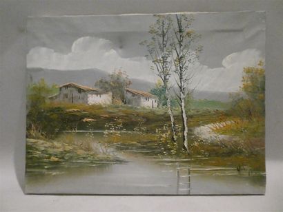 null Ecole contemporaine, "Paysage lacustre" huile sur toile, 30 x 40 cm