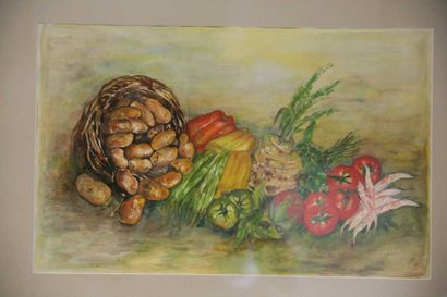 null ecole française 20ème, "Panier de légumes" aquarelle signée en bas à droite,...