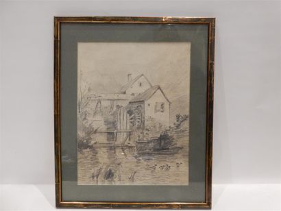 null École française, "Paysage au moulin" crayon, 30,4 x 23,7 cm à vue