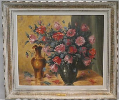 null BARGIN Henri Edouard (1906/1980), "Bouquet de fleurs à l'aiguière en cuivre"....
