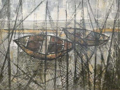 null Ecole française 20ème siècle, "Barques", huile sur toile signée en bas à droite,...