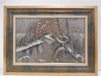 null HURTIN Pierre, "Paysage lacustre en hiver", huile sur toile signée en bas à...