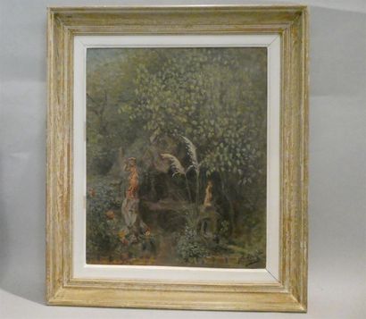 null ROYEZ F., "Paysage à la grotte dans un jardin du Forez", huile sur toile signée...