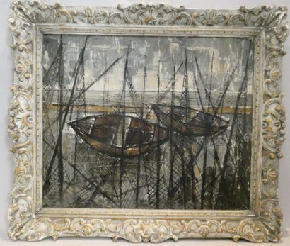 null Ecole française 20ème siècle, "Barques", huile sur toile signée en bas à droite,...