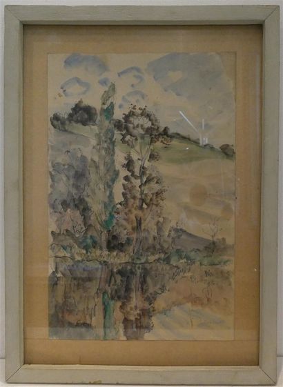 null MONTERET Pierre (1897-1984), "Paysage lacustre", aquarelle signée en bas à droite,...