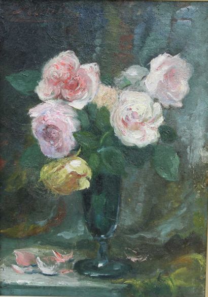 null MARTIN Jacques (1844-1919), "Bouquet de roses au vase bleu" huile sur toile...