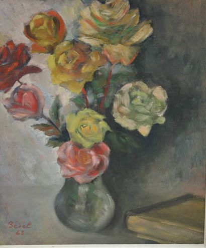 null BEDEL Louis "Vase de roses" huile sur toile signé en bas à gauche 65 x 46