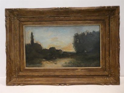 null Ecole de Barbizon, "Paysage lacustre", huile sur panneau, 27 x 48 cm (fente...