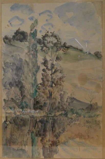 null MONTERET Pierre (1897-1984), "Paysage lacustre", aquarelle signée en bas à droite,...