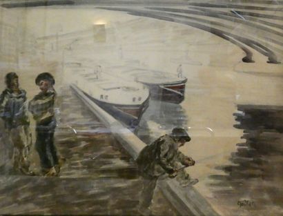 null GODIEN Adrien (1873-1949), "Péniches sur la Saône", aquarelle sur papier signée...