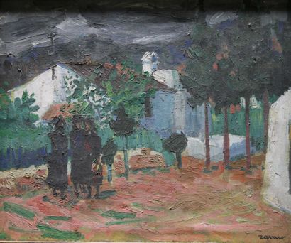 null ZAVARO Albert (1925), "Village animé sous l'orage", huile sur toile, signée...