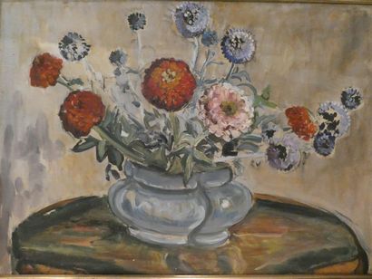 null CHAUMONT Suzanne (XXE SIECLE), "Bouquet de dahlias", huile sur toile non signée,...