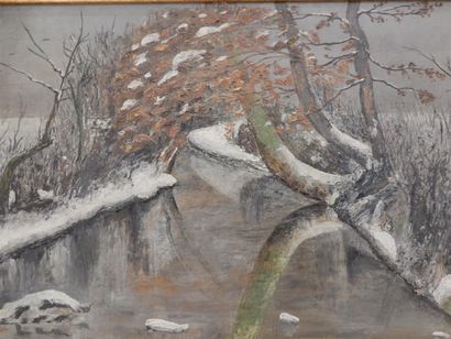null HURTIN Pierre, "Paysage lacustre en hiver", huile sur toile signée en bas à...