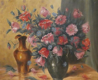 null BARGIN Henri Edouard (1906/1980), "Bouquet de fleurs à l'aiguière en cuivre"....