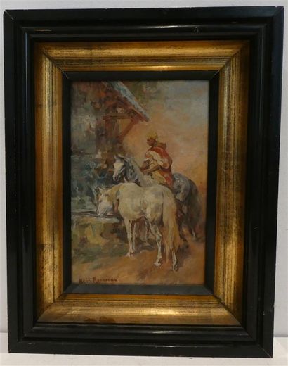 null ROUSSEAU Henri Emilien (1875-1933). "Cavalier arabe à la fontaine", huile sur...